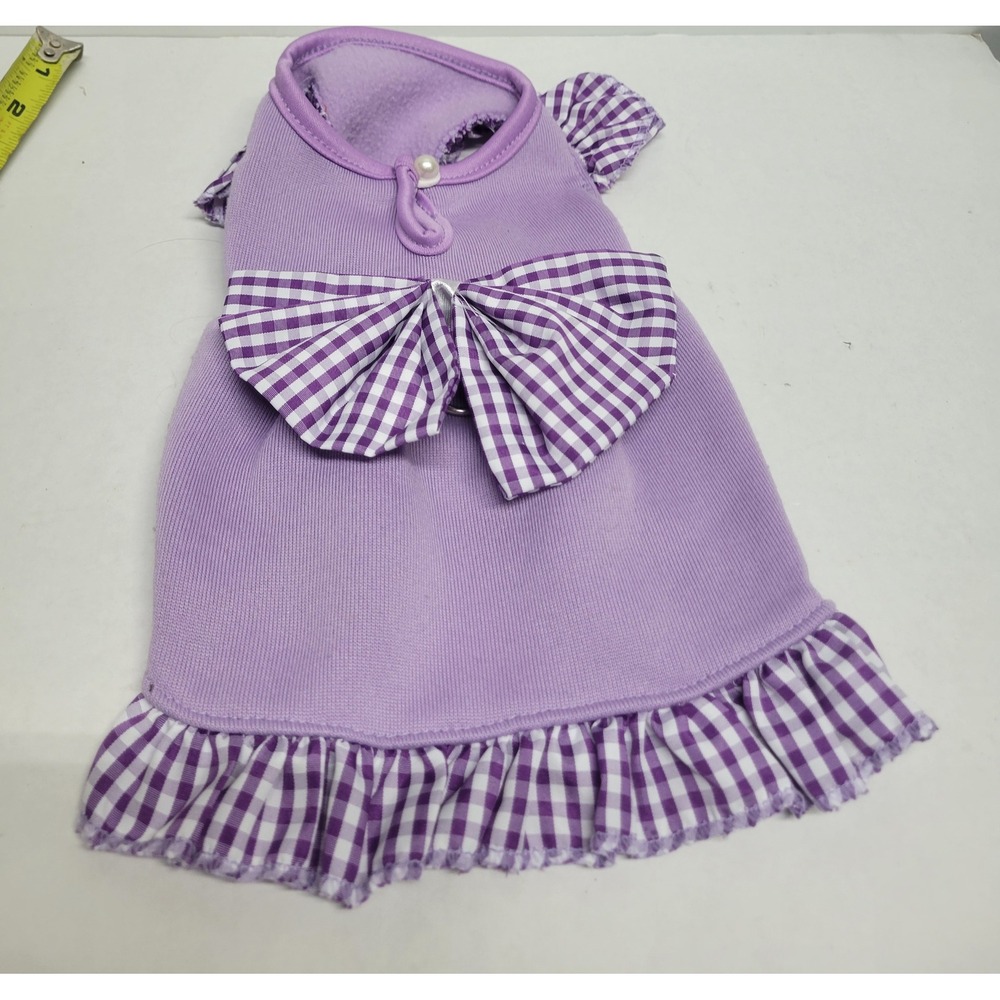 Purple Gingham Bow Fleece Lined‎ Dog Dress Small Ruffle Trim Pearl Button